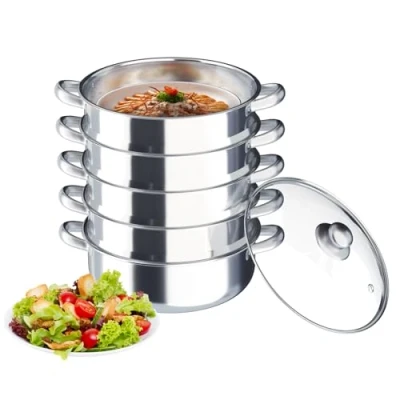 Imagen de Olla de vapor con 5 niveles acero inoxidable, 26/28/30 cm inoxidable tapa cristal y dos compartimentos vapor, mango engrosado, compatible mayoría placas cocción (30cm)