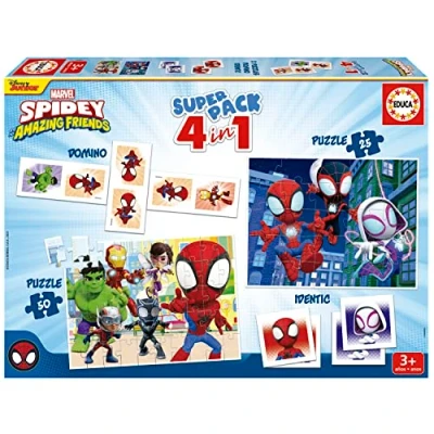 Imagen de Educa Superpack Spidey &amp; Friends Juegos de Mesa y Puzzles Infantiles: Dominó, Identic con 28 Cartas 2 25 50 Piezas. Juego Infantil para 3, 4 5 años (19682)