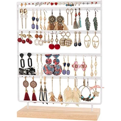 Imagen de QILICZ Soporte para joyas y pendientes con 100 orificios, organizador de base madera 5 varillas, 35 x 27 cm, blanco