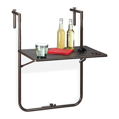 Imagen de Relaxdays Mesa Plegable Balcón, 3 Alturas, Mesita Colgante Efecto Ratán 59,5x36 cm, Mueble Exterior Barandilla, Marrón