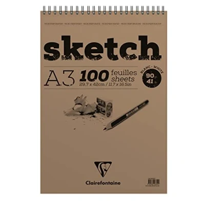 Imagen de Clairefontaine 96602C Bloc Spiralé en tête Papier Sketch 100 Feuilles Dessin Blanc au Grain Très Léger Détachables A3 29,7x42 cm 90g