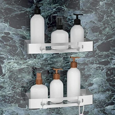 Imagen de SXCDD Estante de baño autoadhesivo cuadrado plateado Cesta ducha negra almacenamiento fácil y rápida (2 rectángulos aluminio)