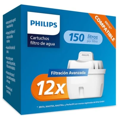 Imagen de Philips Water Cartuchos de filtro agua repuesto, pack 12 filtros, compatible con Brita, reduce los MICROPLÁSTICOS, el CLORO, la CAL, METALES PESADOS