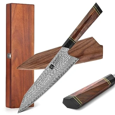 Imagen de XINZUO 21.5cm Cuchillo de Chef Acero Damasco, Cocina Kiritsuke Forjado a Mano Profesional Gyuto Mango Desert Ironwood Vaina Madera y Caja Acacia
