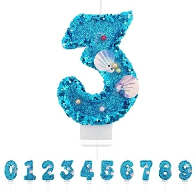 Imagen de velas de cumpleaños con números 3,3D sirena, azules,3, decoración para tartas,