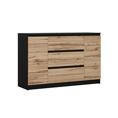 Imagen de 3E 3xE living.com Cómoda con 2 Puertas, 3 cajones de Negro y Roble wotan, L: 120 cm H: 79 P: 39