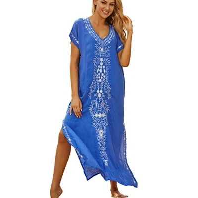 Imagen de YouKD Verano Algodón Bordado Floral Flojo Caftán Boho Vestido de Bikini Playa Bata Talla Grande para Mujer