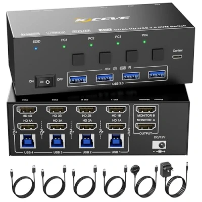 Imagen de KVM Switch 4 Computadoras 2 Monitores, KCEVE 8K@60Hz, 4K@144Hz USB 3.0 HDMI Conmutador con EDID para 4PC Share Mouse Teclado y Monitor, Chip estable, Alta Compatibilidad