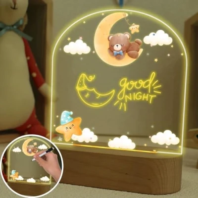 Imagen de uniqicon Lampara Bebe Noche, Escritorio Led, Luz Nocturna Oso, Acrílica Con Lindos Patrones De Estrellas, Luna Y Nubes, Regalos Personalizados