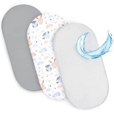 Imagen de sábana Ajustable para Cochecito de niño y moisés Cuna Juego 3: 75 x 35 cm 2X Funda con 1x Protector colchón Impermeable Ajustable. Buhos Grises