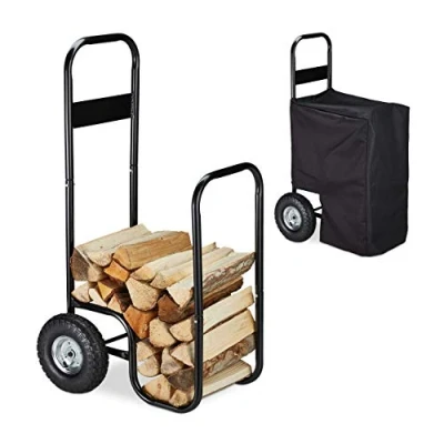 Imagen de Relaxdays Carro para Leña con Ruedas, Carretilla Leños, Leñero Funda Protectora, Acero, 60kg, Almacenaje, Negro