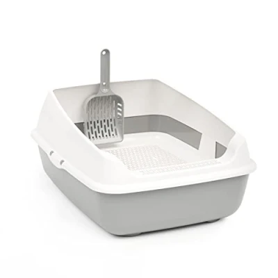 Imagen de Inodoro para gatos con borde y colador de limpieza, pala gatos, extraíble alto, colador, esparcir, color gris