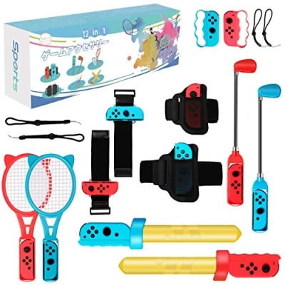 Imagen de OLDZHU 12 en 1 Kit de Accesorios Sports Compatible con Nintendo Switch,Switch OLED Raquetas Tenis,Palos Golf,Sword,Correas para muñecas y piernas (Rojo + Azul)