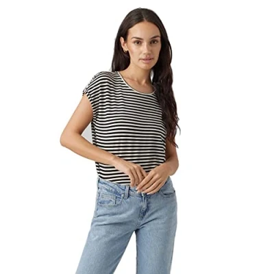 Imagen de Vero Moda Vmava Plain Stripe Camiseta estampada Black/Pristine, Mujer, Talla: Small, Black/pristine