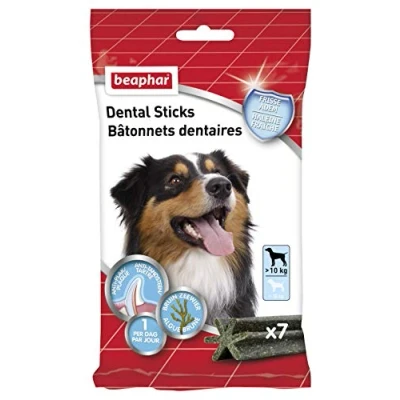 Imagen de BEAPHAR Palitos dentales para Perros Grandes (&gt; 10 kg) Golosinas Bajas en calorías con Algas Marrones y té Verde Aliento Fresco Eliminar la Placa Dental el sarro 7 Unidades