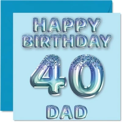 Imagen de Tarjeta de cumpleaños número 40 para papá, globos fiesta con purpurina azul, tarjetas feliz papá años, padre hijo e hija, felicitación 145
