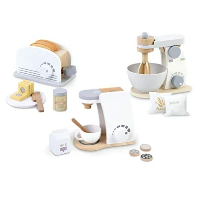 Imagen de leomark Juego de Madera 3 en 1 Gris Licuadora Madera, Cafetera con Las cápsulas, Tostadora, Accesorios, para cocinas Juguete, niños, Multicolor