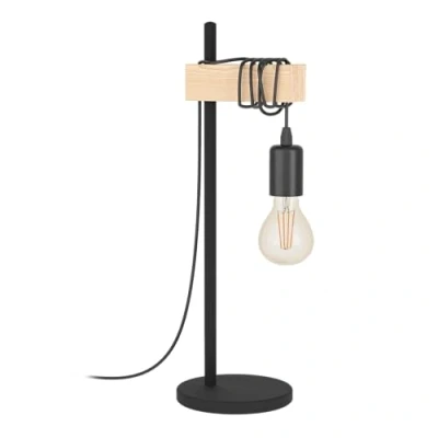 Imagen de EGLO lámpara de Mesa Townshend, Retro Vintage y Industrial, mesita Noche Acero Madera, Negro, marrón, Casquillo E27, Incl Interruptor, Certificado FSC
