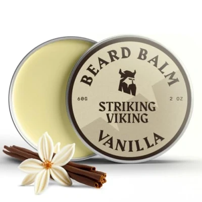 Imagen de Striking Viking Bálsamo para barba hombre, acondicionador de sin enjuague suavizar, dar forma, hidratar y suavizar el cabello facial grueso seco, aroma a vainilla con manteca
