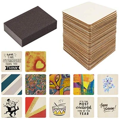 Imagen de BELLE VOUS Pack de 50 Cuadrados en Blanco Maderas para Manualidades con Esponja Lijado 10 x cm Madera 2,5 mm Grosor Posavasos, Pintar, Pirograbado sin Acabado