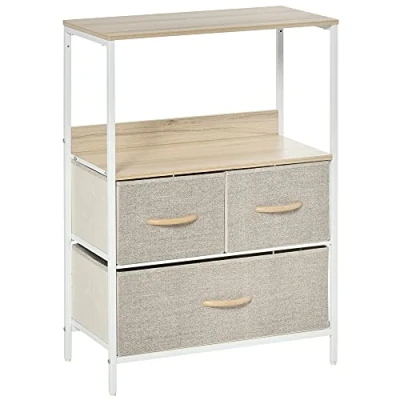 Imagen de HOMCOM Cajonera con 3 cajones tejidos, estante y bandeja superior, mueble auxiliar pequeño, 58 x 29 81,5 cm, color blanco natural