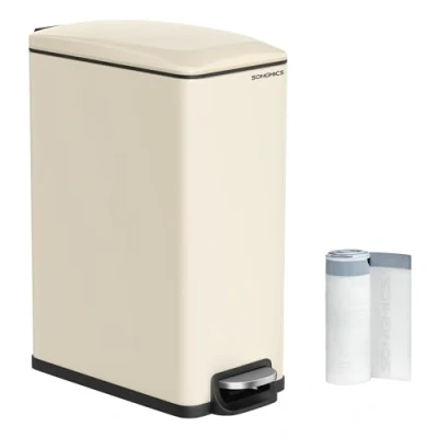 Imagen de SONGMICS Cubo de Basura Cocina 48 L, Papelera con Pedal Delgado para Espacios Estrechos, Tapa Cierre Suave y Cubeta Interior, Acero, 15 Bolsas Basura, Beige Arena LTB510A02