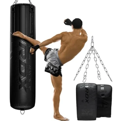 Imagen de RDX Saco de Boxeo Adulto Relleno 5ft, 3PC Cuero Maya Hide Anti Swing Punching Bag Set con Guantes, Bolsa Punch Pesada para Artes Marciales Muay Thai Kick Boxing, Hogar Gimnasio Fitness