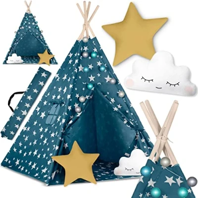 Imagen de Epson Nukido 740121 Tienda de campaña para bebé, Modelo con Forma Tipi, algodón, Estructura Madera, Bonito diseño, fácil Limpiar, 120 x 165 cm, Luces, Color Azul