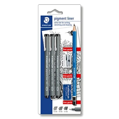 Imagen de Staedtler Artist Set Juego de escritura (3 bolígrafos punta fina, 1 lápiz 2B, sacapuntas, goma borrar), multicolor