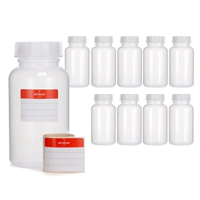 Imagen de Octopus 10 x 500 ml Botellas de Boca Ancha LDPE con Cierre Rosca, Botella vacía para químicos, Laboratorio Tapa, como Recipiente Almacenamiento Laboratorio, Cocina u Ocio