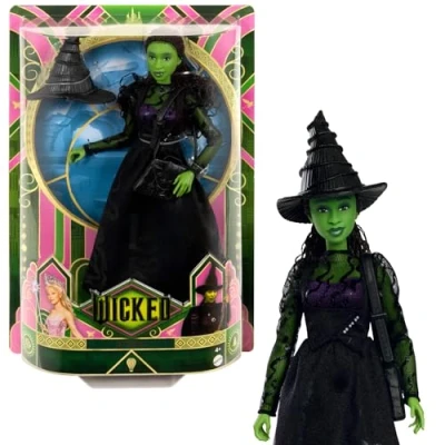 Imagen de Mattel Wicked Elphaba Muñeca de moda con la piel verde, el pelo negro tranzado y un vestido elegante quita pon, articulada, incluye accesorios, HXT62