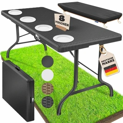 Imagen de KESSER® Mesa Buffet Plegable de plástico 180 x 75 cm con Aspecto ratán, Fiesta, jardín para terraza y balcón 6 Personas Incl. asa Transporte, Antracita
