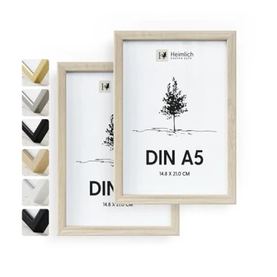 Imagen de Heimlich® 2xMarco de fotos A5 Roble Madera marcos cuadros Vidrio Acrílico Irrompible Grano Visible Duradero Fácil Colgar Para Decoración Pared y hogar marco