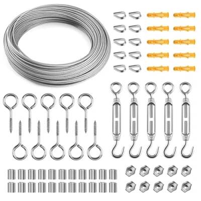 Imagen de Foydream 67 Piezas Cable Acero, 40M/2mm Cables Acero Plastificado Kit con Tensor Cuerda Tendedero, 304 de Alambre Inoxidable Ojales,Tensores para Toldos, Plantas Trepadoras, Jardín