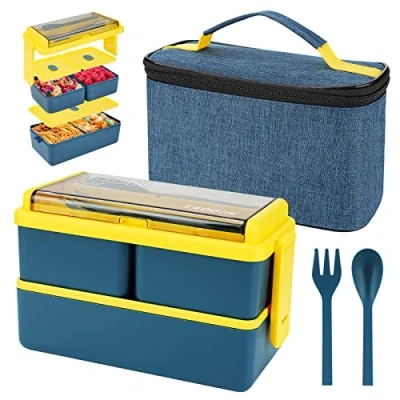 Imagen de caja de almuerzo 1400 ml con 3 compartimentos bento 2 capas bolsas y cubiertos aislados, contenedores preparación comidas para adultos estudiantes niños (Azul)