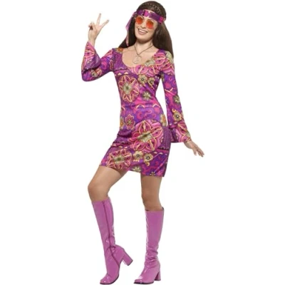 Imagen de Smiffys Disfraz de chica hippy, Multicolor, con vestido, pañuelo para el cuello y medallón