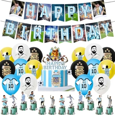Imagen de 30 decoraciones de fiesta cumpleaños estrella fútbol, suministros Messi con globo pancarta feliz cumpleaños, decoración pastel