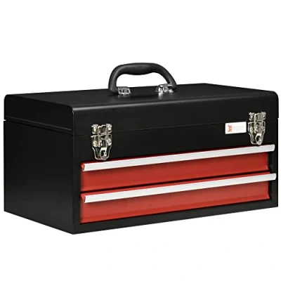 Imagen de DURHAND Caja de Herramientas Acero con 2 Cajones Tapa Abatible Bandeja Superior Cierres Metálicos y Asa Maletín Portátil para Taller Bricolaje Hogar 46x24x22 cm Negro