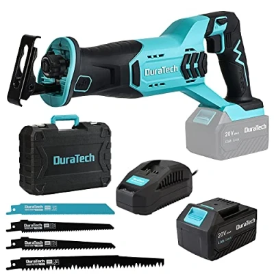 Imagen de DURATECH Sierra Sable Inalámbrica, Alternativa 20V, de a Batería, Incluye 4 Hojas Sierra, Batería 4,0 Ah, Cargador Rapido, Velocidad Variable para Cortar Madera y Metal