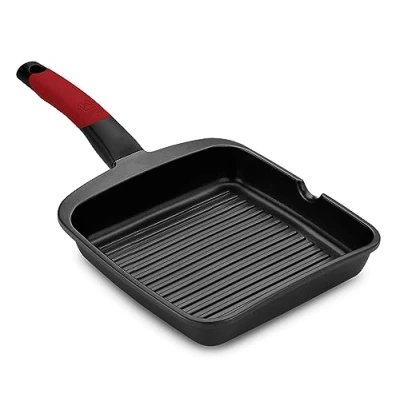 Imagen de BRA Premiere Grill con rayas 22 cm, Aluminio Fundido, Tricapa Revestimiento Antiadherente reforzado sin PFOA, apto para todo tipo de Cocinas incluida Inducción, color Rojo