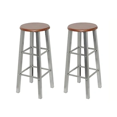 Imagen de vidaXL 2X Taburetes de Barra Cocina Acero y MDF Marrón Sillas Altas Bar