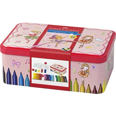 Imagen de Faber Castell 155534 Caja metálica con 33 rotuladores Connector, 10 clips y 2 plantillas para colorear motivo de bailarina, multicolor