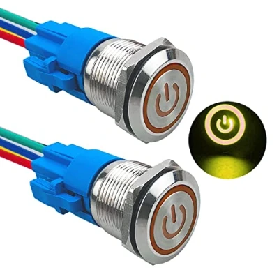 Imagen de Aiqeer 2 Piezas 19 mm Interruptores de Botón Autoblocante, 12V / 24V 5A Interruptor LED Amarillo, Pulsador Metálico Impermeable, con Enchufe Precableado