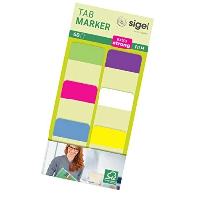 Imagen de SIGEL HN203 Marcapáginas adhesivos y rigidos, cinta de filme transparente extra fuerte en 60 tiras 25 x 38 mm, 6 colores