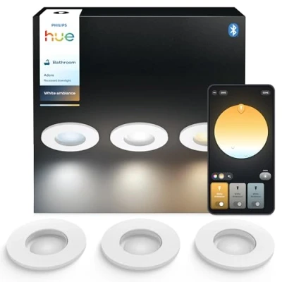 Imagen de Philips Hue White Ambiance Adore Juego de 3 focos empotrables, Cromo, x 5 W, iluminación baño regulable, todo blanco, controlable mediante app, compatible con Amazon Alexa.
