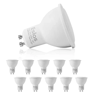 Imagen de Eslas 10* Bombilla LED Gu10 de 6W, 3000K Blanco Cálido,600Lm Equivalente a 60 W Halógena, 120 Ángulo Haz, No Regulables