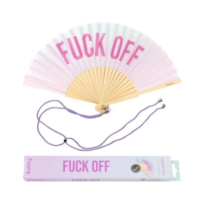 Imagen de Fisura Abanico original con mensaje “f*ck off. de madera moderno y gracioso. morado degradado. cuelga abanico. 42,5 x 23 cm.
