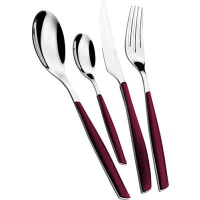 Imagen de Juego de cubiertos BUGATTI, Glamour, 24 piezas en acero inoxidable 18/10 y mango RED GRENADE. para 6 personas compuesto por cucharas, tenedores, cuchillos cucharas café