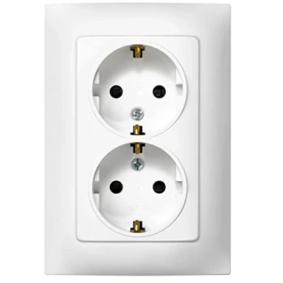 Imagen de Simon Enchufe Doble de Empotrar Schuko, Serie 10, 250V, 10 A, Pared Plano y Fino, Fácil Instalar, Incluye Marco, Tapa Mecanismo, Base Hembra Color Blanco
