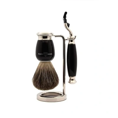 Imagen de Edwin Jagger S81M586AMZ Set de Afeitado Clásico Imitación Ébano y Níquel con Brocha Afeitar Tejón Puro Maquinilla Mach 3 para Crema o Jabón Hombre Mujer